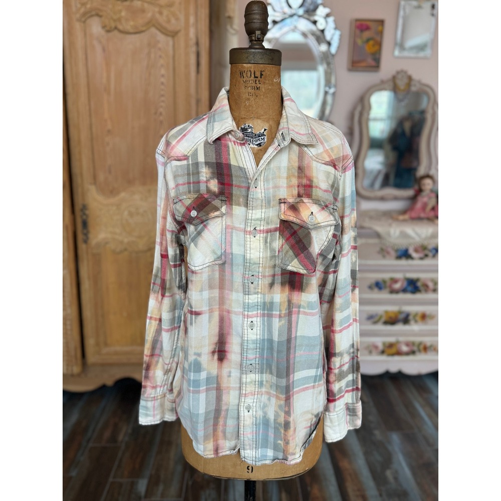 Upcycled Beachy Flannel‎ Shell Art Shirt Cotton Soft Medium Large - Picture 6 of 7
